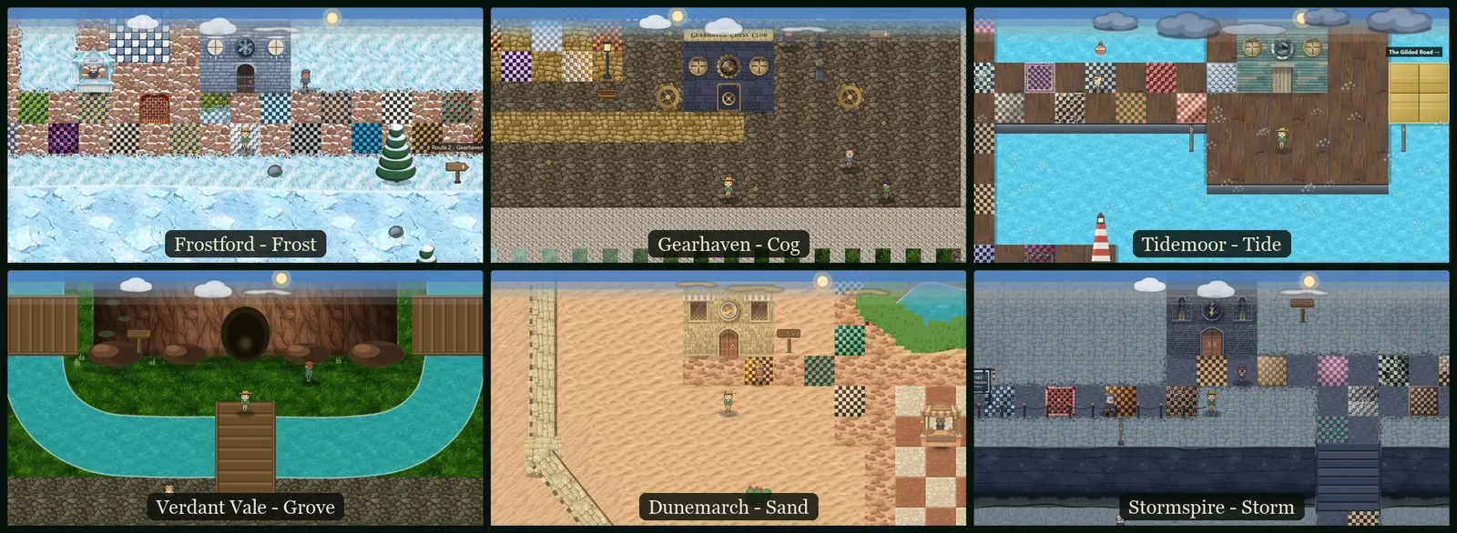 The six Chess Clubs captured from the game, in Sigil order: Frostford on the ice, Gearhaven's brass door, Tidemoor's harbour boards, Verdant Vale under the roots, Dunemarch in the sand, and Stormspire on the cliff.