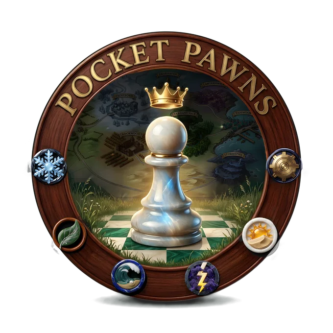 The Pocket Pawns crest: a marble pawn beneath a floating gold crown, ringed in mahogany with the six Sigils.