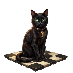 Blindfold, the Chessino’s black house cat, sitting on a chequered mat in a gold collar.