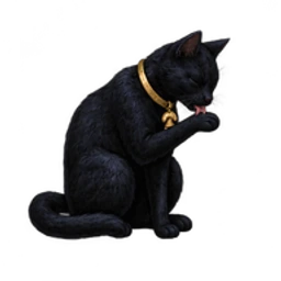 Blindfold, the black house cat, grooming a raised paw and wearing a gold collar.