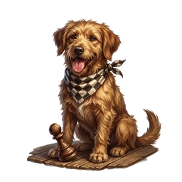 Blunder, the Chessino’s scruffy house hound, sitting crookedly on a chequered mat.