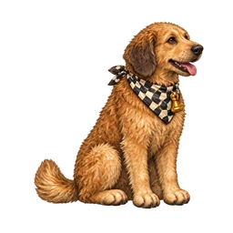 Blunder, the scruffy golden house hound, sitting in a chequered neckerchief with a gold pawn tag.