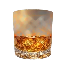 A cut-crystal tumbler of amber spirit over chequered ice.