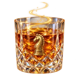A cut-crystal tumbler of amber spirit with a gold knight emblem and a curling wisp of light.