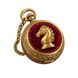 A red enamel medallion with a gold knight, ornate brass rim and chain.