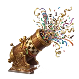 A small brass cannon on a chequered carriage, firing coloured confetti.