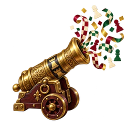 An ornate brass cannon on a wooden carriage, firing ribbons and chess confetti.