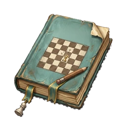 A worn teal chess workbook with a chequered cover and a ribbon marker.