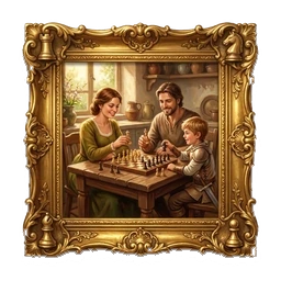 A gilt-framed painting of a family at a kitchen table over a chessboard.