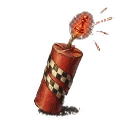 A short red firecracker with a chequered band and a lit fuse.
