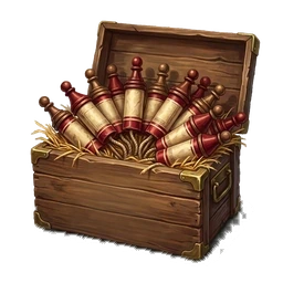 A wooden crate of rockets, each capped like a chess piece.