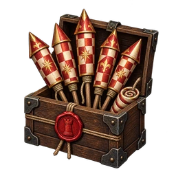 A wax-sealed wooden crate holding red-and-gold rockets with chequered bands.
