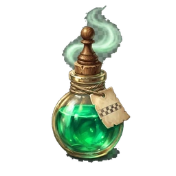 A round glass flask of green tonic, corked in brass, with a chequered paper tag.