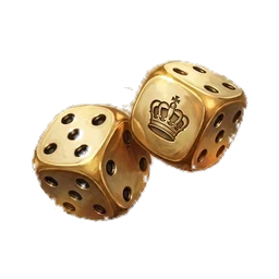 Two gilded dice, one showing a crown in place of the six.