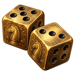 Two engraved gold dice with dark pips and knight emblems.