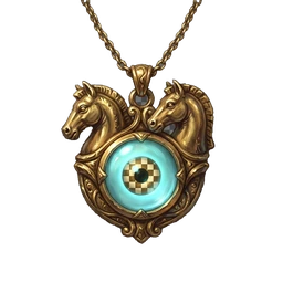 A gold pendant of two facing knights around a pale blue eye with a chequered pupil.