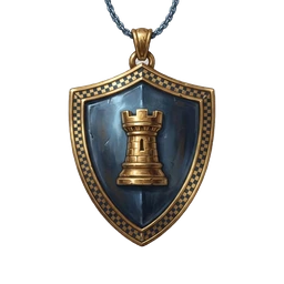 A gold-edged blue shield pendant bearing a rook, bordered with chequered inlay.