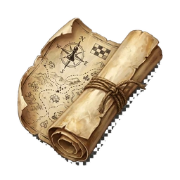 A rolled parchment map tied with cord, showing a compass rose and a chequered border.