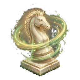 A white knight on a plinth, wrapped in a ring of pale green light.