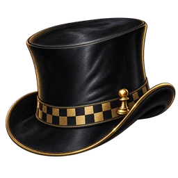 A black silk top hat with a gold-and-black chequered band and small pawn pin.