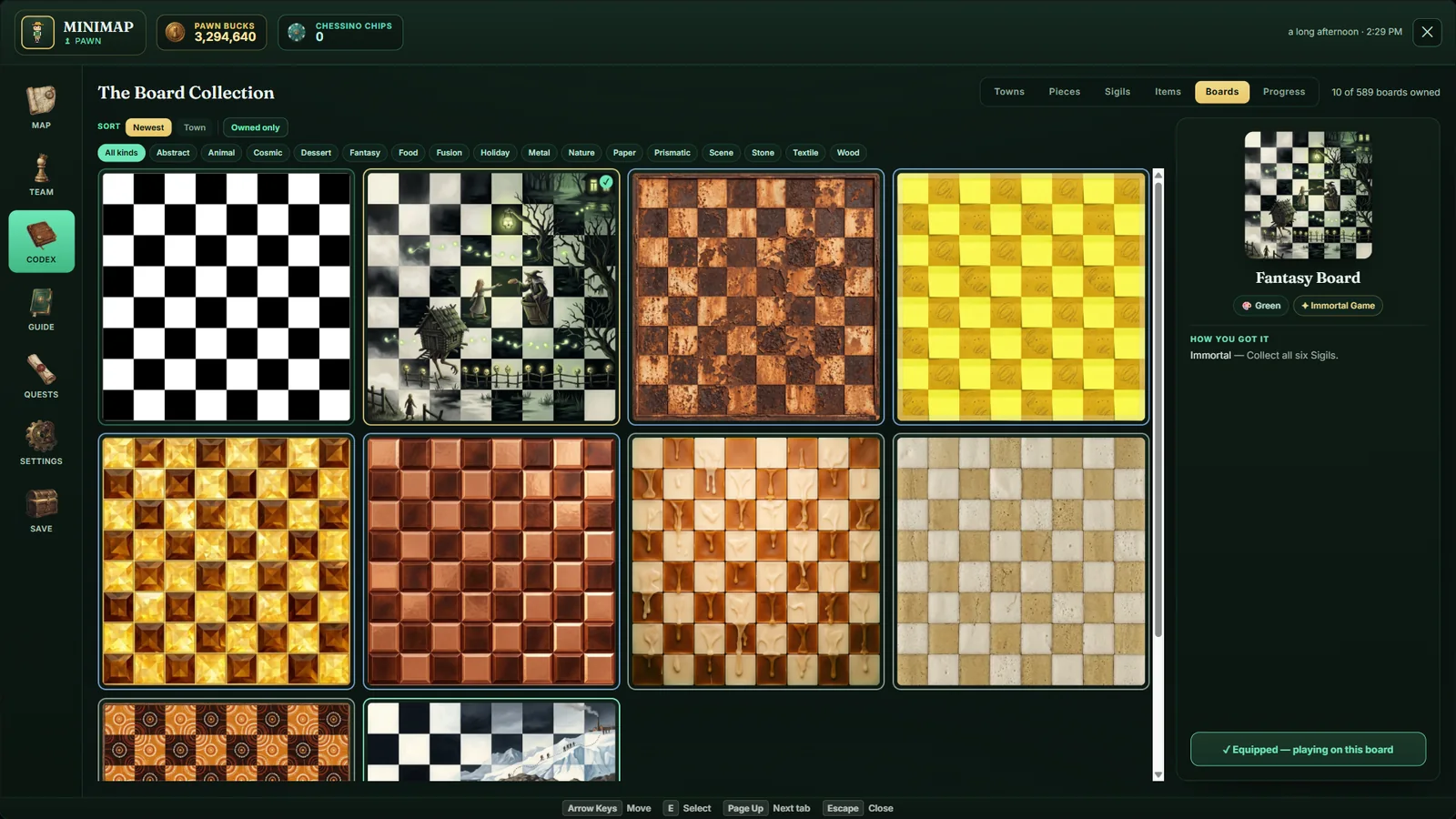 The Board Collection captured from the game: ten boards owned with The Plain Board you start with first on the shelf, 10 of 589 counted at the top, and sixteen kind filters from Abstract to Wood.