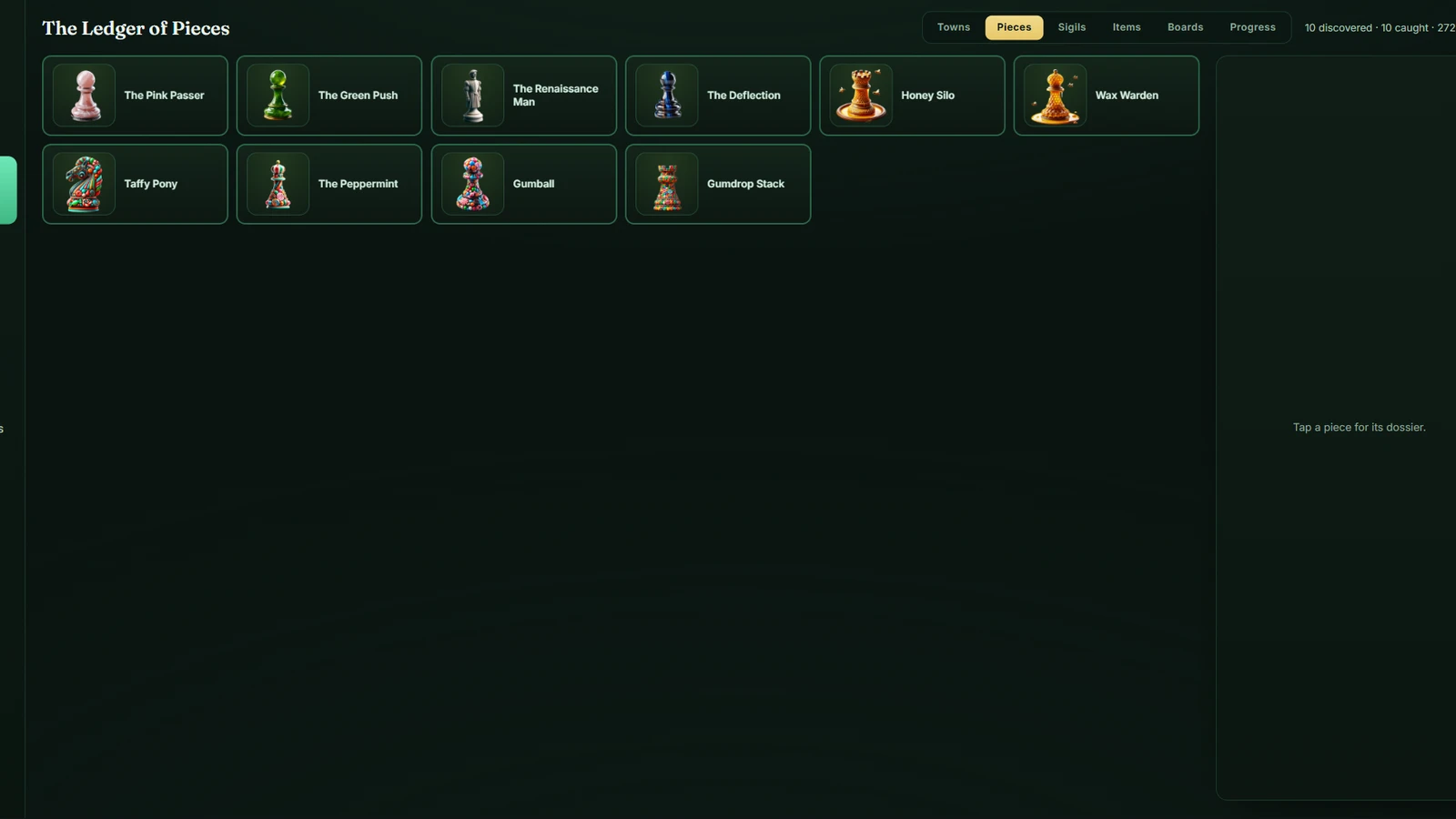 The Ledger of Pieces, captured from the game: ten discovered companions with their names and renders, 272 in the set.
