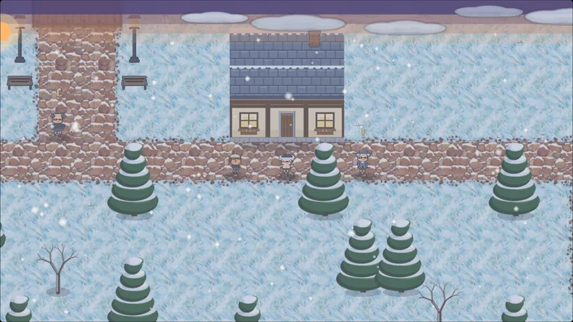 Frostford at dusk, captured from the game: falling snow, lit cottage windows, pines.