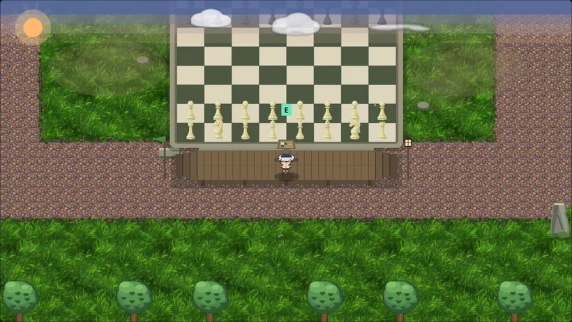 A giant outdoor chessboard standing in a meadow, captured from the game
