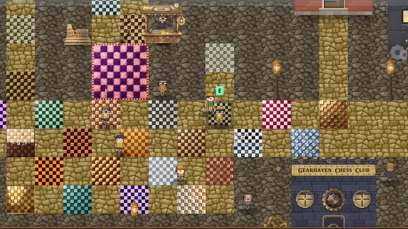 Gearhaven, captured from the game: streets paved with chessboards, the market stall, and the Gearhaven Chess Club's brass door.