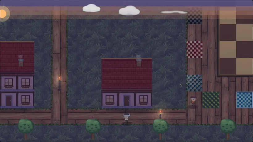 Lanternwick in violet dusk, captured from the game: lantern-lit boardwalks between the hedges.