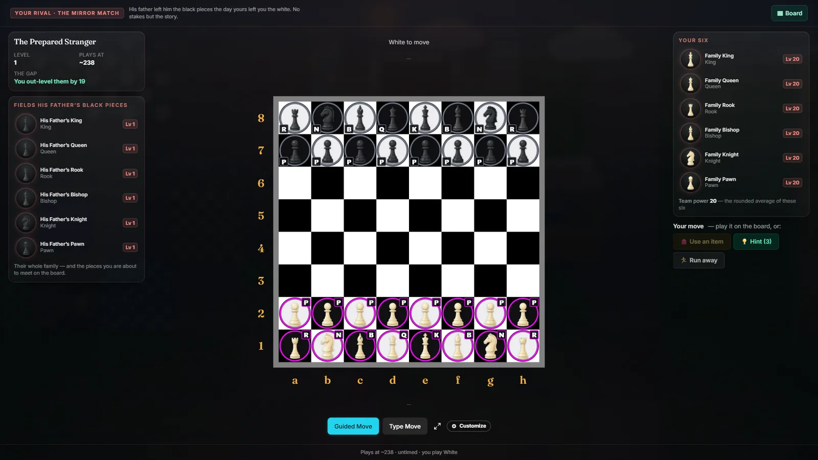 The rival's opening battle, captured from the game: both starting armies ringed gold and blue, your six companions listed beside the board.
