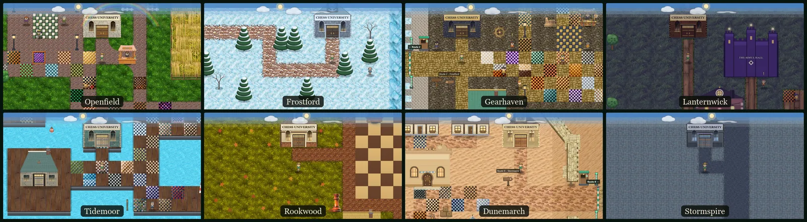 Eight Chess University halls captured from the game, one per town: Openfield in the fields, Frostford on the ice, Gearhaven in brass, Lanternwick at dusk, Tidemoor on the water, Rookwood among the leaves, Dunemarch in the sand, and Stormspire on the rock.